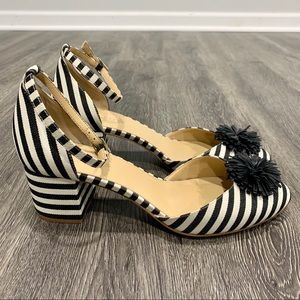 Talbots Isa Black Striped Pom Pom Block Heels